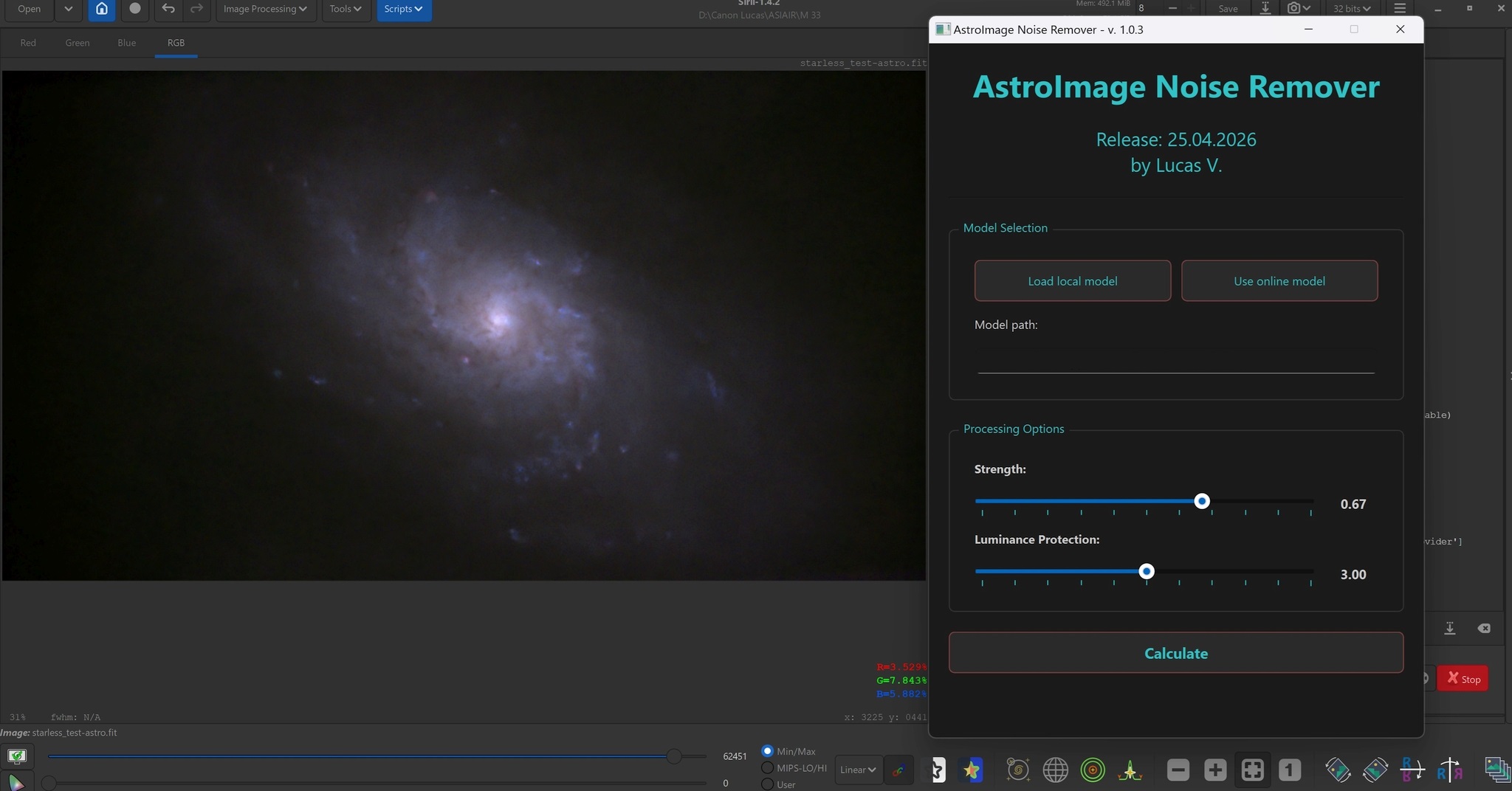 AstroImage Noise Reduction interface for astrophotography processing preview