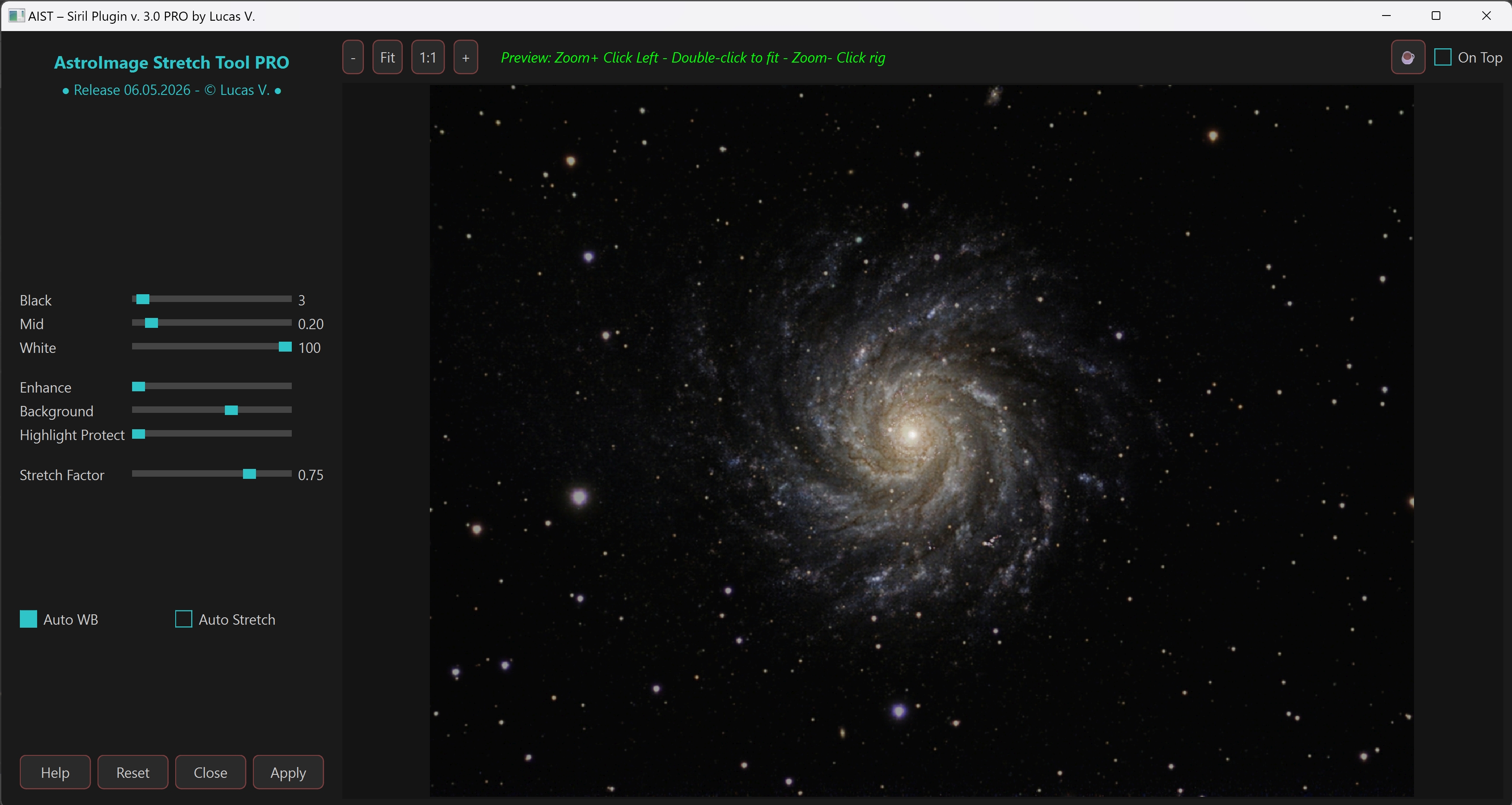 AstroImage Stretch Tool interface for astrophotography processing preview