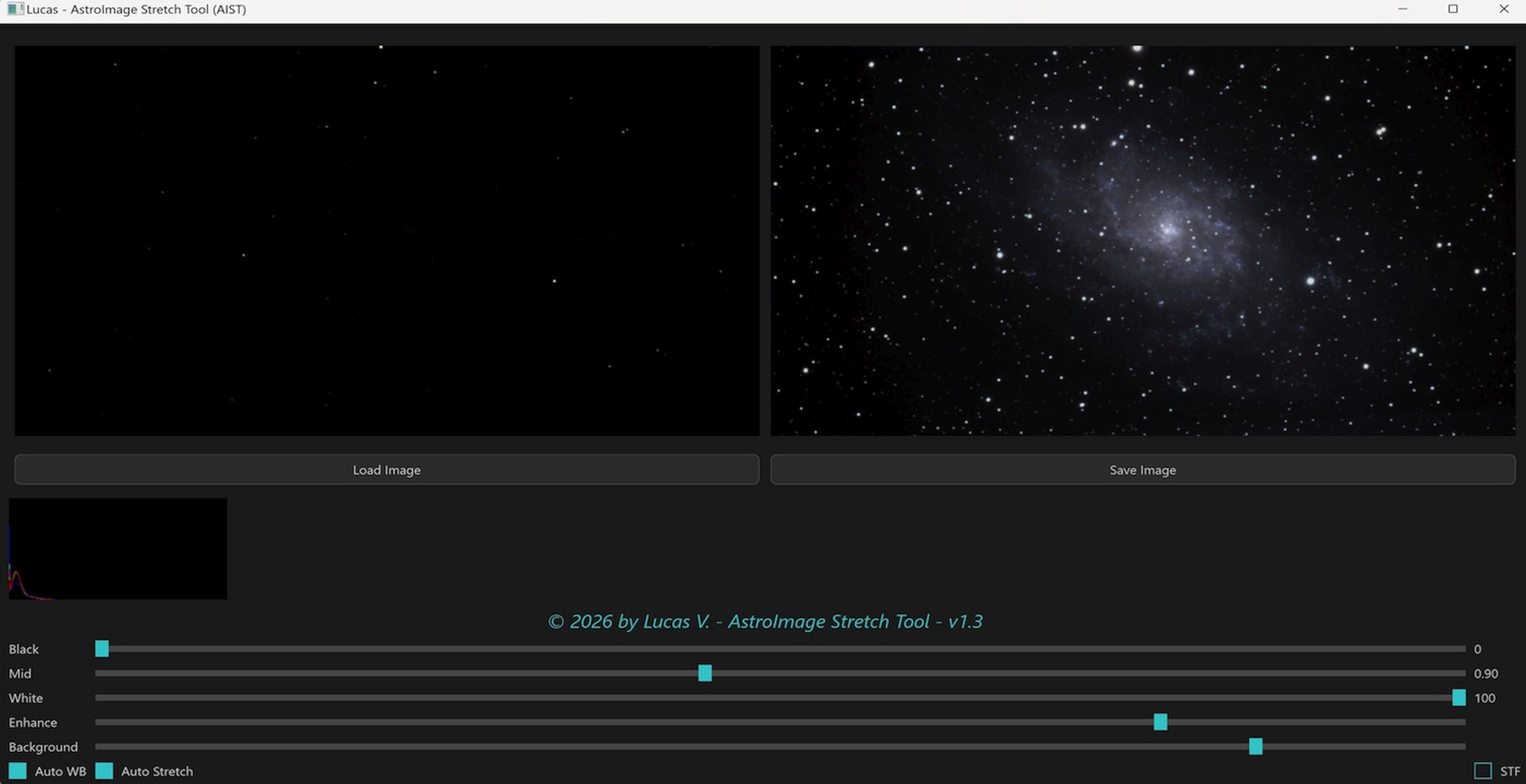 AstroImage Stretch Tool interface for astrophotography processing preview